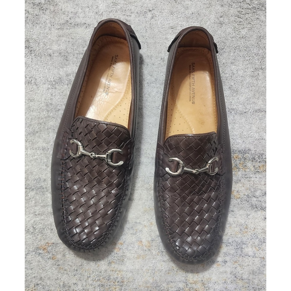 Saks Fifth Avenue Men's Brown Woven Leather Driving Loafers Horsebit Size 12